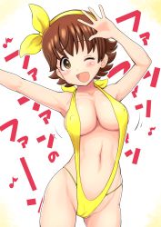 Rule 34 | 10s, 1girl, ;d, armpits, bare arms, brown eyes, brown hair, cameltoe, cleft of venus, collarbone, cowboy shot, female focus, groin, hair ribbon, hairband, highres, honda mio, idolmaster, idolmaster cinderella girls, looking at viewer, musical note, navel, one-piece swimsuit, one eye closed, open mouth, qm, ribbon, short hair, smile, solo, standing, swimsuit