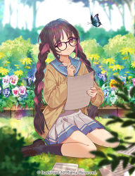 Rule 34 | 1girl, animal, black-framed eyewear, black hair, black socks, blue flower, blue sailor collar, blurry, blurry background, blurry foreground, braid, brown cardigan, brown footwear, bug, butterfly, cardfight!! vanguard, cardigan, closed mouth, commentary request, copyright notice, day, depth of field, flower, glasses, holding, insect, loafers, long hair, looking away, looking up, miyoshino, multicolored hair, official art, open cardigan, open clothes, outdoors, pink hair, pleated skirt, purple flower, red eyes, red flower, sailor collar, school uniform, serafuku, shoes, sitting, skirt, socks, solo, twin braids, twintails, two-tone hair, very long hair, wariza, white skirt, yellow flower