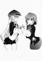 Rule 34 | 2girls, absurdres, blush, bow, breasts, breasts out, cleavage, clothes lift, glasses, greyscale, hat, heart, highres, kusanagi tonbo, large breasts, long hair, long sleeves, looking at viewer, monochrome, multiple girls, navel, neck ribbon, necktie, nipples, original, pantyhose, ribbon, shirt lift, short hair, short shorts, shorts, simple background, white background