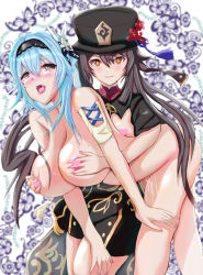 Rule 34 | 2girls, bare shoulders, black dress, black hair, blue hair, blush, grabbing another&#039;s breast, breasts, censored, clothed female nude female, dress, eula (genshin impact), flower, genshin impact, grabbing, hair between eyes, hairband, hand on another&#039;s thigh, hand on own thigh, hat, hat flower, hat ornament, heart, heart censor, highres, hu tao (genshin impact), large breasts, multiple girls, nipple slip, nipples, nude, purple eyes, saliva, short hair, smile, star-shaped pupils, star (symbol), symbol-shaped pupils, tears, teeth, thighs, tongue, tongue out, twintails, yellow eyes, yuri