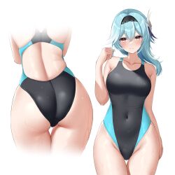 Rule 34 | 1girl, absurdres, arm at side, ass, asymmetrical hair, back, backless swimsuit, bare arms, bare back, bare shoulders, black hairband, black one-piece swimsuit, blue hair, blue one-piece swimsuit, blush, breasts, clenched hand, closed mouth, commentary request, commission, competition swimsuit, covered navel, cowboy shot, eula (genshin impact), facing away, genshin impact, gradient eyes, groin, hair ornament, hairband, hand up, highleg, highleg swimsuit, highres, lace-trimmed hairband, lace trim, large breasts, looking at viewer, median furrow, multicolored eyes, multiple views, ncontrail (mgax7527), one-piece swimsuit, simple background, skeb commission, swimsuit, taut clothes, taut swimsuit, thigh gap, thighs, two-tone swimsuit, variant set, wet, white background, yellow eyes
