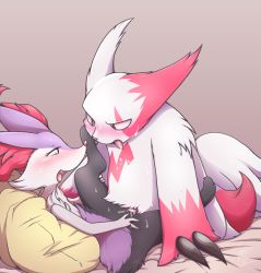 Rule 34 | 1boy, 1girl, alternate color, animal ear fluff, animal ears, animal feet, animal hands, animal nose, artist name, bad id, bad tumblr id, bed sheet, black fur, blush, body fur, braixen, brown background, brown eyes, claws, creatures (company), drooling, erection, eye contact, flat chest, fox boy, fox ears, fox girl, fox tail, from side, furry, furry female, furry male, furry with furry, game freak, gen 3 pokemon, gen 6 pokemon, gradient background, half-closed eyes, happy, hetero, interspecies, kneeling, legs up, looking at another, lying, neck fur, negoya, nintendo, nose blush, on back, open mouth, penis, pillow, pokemon, pokemon (creature), profile, purple fur, pussy, pussy juice, red eyes, red fur, saliva, sex, shiny pokemon, signature, simple background, smile, snout, spread legs, sweat, tail, textless version, tongue, tongue out, two-tone fur, uncensored, vaginal, white fur, zangoose