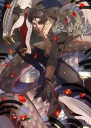 Rule 34 | abs, absurdres, animal, beard, black footwear, black gloves, black hair, black pants, dagger, eyepatch, facial hair, falling petals, fangs, flower, full body, gloves, grey jacket, grin, highres, holding, holding dagger, holding knife, holding weapon, irei yukitoshi, jacket, knife, looking at viewer, majima goro, one eye covered, open clothes, open mouth, pants, petals, red flower, ryuu ga gotoku (series), shoes, short hair, sleeves pushed up, smile, snake, solo, tattoo, teeth, weapon, white snake