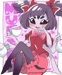 Rule 34 | 1girl, arthropod girl, blush, bow, breasts, colored skin, extra arms, extra eyes, fang, high heels, insect girl, monster girl, muffet, purple skin, ribbon, spider girl, tea, teapot, thighhighs, undertale