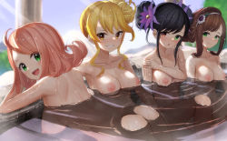 Rule 34 | 4girls, :d, :o, ahoge, arm support, ass, bathing, black hair, blonde hair, blush, breasts, brown hair, character request, closed mouth, collarbone, commentary request, completely nude, day, double bun, flower, green eyes, grin, hair bun, hair flower, hair ornament, hairband, hanging breasts, heterochromia, highres, large breasts, light rays, long hair, looking at viewer, medium breasts, monster strike, multiple girls, navel, nipples, nude, onsen, open mouth, orange eyes, outdoors, parted lips, partially submerged, pink hair, purple flower, red eyes, side bun, sidelocks, single hair bun, single side bun, sitting, smile, sunbeam, sunlight, swept bangs, teeth, tsuseki, water, wet, white hairband