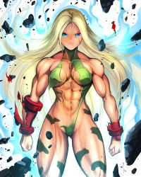Rule 34 | 1girl, abs, aura, blonde hair, blue eyes, bodypaint, bodysuit, breasts, cammy white, camouflage, capcom, facial scar, gloves, green bodysuit, long hair, muscular, muscular female, rocks, scar, scar on cheek, scar on face, shopyun, simple background, street fighter, torn clothes, white background