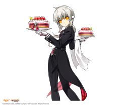 Rule 34 | 1girl, black pants, cake, copyright name, elsword, eve (elsword), food, formal, gloves, hair ornament, highres, holding, holding food, hwansang, long hair, looking at viewer, looking back, pants, pinstripe pants, pinstripe pattern, ponytail, silver hair, simple background, solo, standing, striped clothes, striped pants, vertical-striped clothes, vertical-striped pants, white background, white gloves, yellow eyes