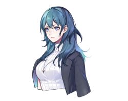 Rule 34 | 1girl, alternate costume, blue eyes, blue hair, breasts, byleth (female) (fire emblem), byleth (fire emblem), clovisxvii, contemporary, fire emblem, fire emblem: three houses, highres, jacket, jacket on shoulders, jewelry, lips, long hair, looking at viewer, medium breasts, necklace, nintendo, pendant, ribbed sweater, simple background, solo, sweater, turtleneck, turtleneck sweater, upper body, white background, white sweater