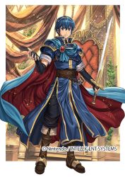 Rule 34 | 1boy, armor, blue eyes, blue hair, boots, commentary request, company name, copyright name, fingerless gloves, fire emblem, fire emblem: mystery of the emblem, fire emblem cipher, full body, gloves, holding, holding sword, holding weapon, izuka daisuke, jewelry, knee boots, marth (fire emblem), nintendo, official art, short hair, solo, standing, sword, tiara, weapon