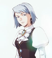 Rule 34 | 1girl, ace attorney, ascot, black vest, blue eyes, blue hair, breasts, closed mouth, commentary request, earrings, franziska von karma, gem, jewelry, juliet sleeves, long sleeves, looking at viewer, medium breasts, mole, mole under eye, puffy sleeves, shirt, short hair, simple background, solo, taba (tb gya), upper body, vest, white shirt