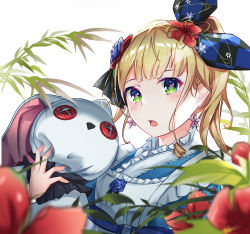 Rule 34 | 1girl, aoman de cangshu, apron, black bow, blonde hair, blue dress, blue eyes, blue flower, blue rose, blurry, blurry foreground, blush, bow, dress, earrings, flower, flower earrings, frills, green eyes, highres, holding, jewelry, long hair, looking at viewer, mononobe alice, mononobe alice (new year), nijisanji, one side up, open mouth, red flower, rose, solo, virtual youtuber, x x