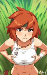 Rule 34 | 1girl, absurdres, advance wars, armband, blush, dog tags, domino (advance wars), grass, green headband, hands on own breasts, headband, highres, midriff, navel, nintendo, orange hair, pants, red eyes, red hair, sami (advance wars), short hair, smile, solo, sports bra, tank top, twobey