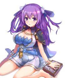 Rule 34 | 1girl, :o, aiguillette, bare arms, bare legs, barefoot, black cape, blue bow, book, bow, bracelet, breasts, cape, cleavage, eari, full body, hair bow, jewelry, king&#039;s raid, large breasts, long hair, looking at viewer, ophelia (king&#039;s raid), purple eyes, purple hair, shiny skin, simple background, sitting, skirt, solo, two side up, waist bow, wariza, white background, white bow, white skirt