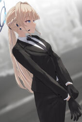 Rule 34 | 1girl, adjusting clothes, adjusting gloves, alternate costume, alternate hairstyle, black gloves, black necktie, black suit, blonde hair, blue archive, blue eyes, blurry, blurry background, braid, business suit, closed mouth, collared shirt, earpiece, formal, french braid, from side, gloves, halo, highres, long hair, long sleeves, necktie, ponytail, shirt, silver bullet (ecc12 8), solo, suit, toki (blue archive), white shirt