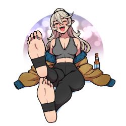 Rule 34 | 1girl, akairiot, alcohol, alternate hairstyle, beer, black pants, blush, border, breasts, brown jacket, cleavage, collarbone, commentary, corrin (female) (fire emblem), corrin (fire emblem), crop top, feet, fire emblem, fire emblem fates, fire emblem if, foot focus, full body, grey hair, hair between eyes, hairband, high ponytail, intelligent systems, jacket, legs, long hair, long sleeves, looking at viewer, looking to the side, midriff, nintendo, no shoes, open clothes, open jacket, open mouth, outside border, pants, pointy ears, ponytail, red eyes, red nails, sitting, smile, soles, solo, stirrup legwear, tight clothes, tight pants, toeless legwear, toes, unbuttoned, white border, wide sleeves, yoga pants