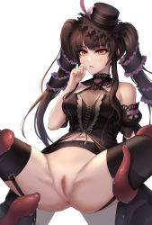 Rule 34 | 1girl, absurdres, anus, ass, bare shoulders, black dress, black hair, black hat, black thighhighs, breasts, censored, center opening, detached sleeves, dress, garter straps, gothic lolita, hand up, hat, highres, kie (wylee2212), lily bloomerchen, lolita fashion, long hair, medium breasts, mosaic censoring, navel, no panties, orange eyes, parted lips, pussy, revealing clothes, simple background, solo, soulworker, spread legs, tentacles, thighhighs, thighs, top hat, twintails, white background