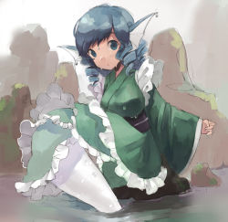 Rule 34 | 1girl, animal ears, blue hair, breasts, chestnut mouth, drill hair, fins, fish tail, head fins, highres, japanese clothes, kimono, long sleeves, looking at viewer, mermaid, monster girl, obi, pororikin, rock, sash, sitting, tail, touhou, wakasagihime, wet, wide sleeves, wolf ears