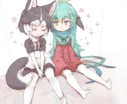 Rule 34 | 2girls, animal ears, bird tail, bird wings, black hair, black jacket, black skirt, blonde hair, commentary request, dog (mixed breed) (kemono friends), dog ears, dog tail, dress, closed eyes, fur trim, green dress, green hair, harness, head wings, heart, highres, jacket, kemono friends, kolshica, long hair, long sleeves, looking at another, multicolored hair, multiple girls, no shoes, pantyhose, pleated skirt, red dress, resplendent quetzal (kemono friends), scarf, short hair, short sleeves, sitting, skirt, sleeveless, spoken heart, spoken zzz, tail, two-tone dress, vest, white hair, white legwear, white vest, wings, yellow eyes, zzz