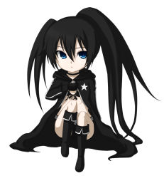 Rule 34 | 10s, 1girl, belt, bikini, bikini top only, black bikini, black hair, black rock shooter, black rock shooter (character), blue eyes, boots, coat, gloves, highres, kuena, long hair, shorts, solo, star (symbol), swimsuit, twintails, uneven twintails