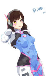 Rule 34 | 1girl, acronym, animal print, arm at side, blue bodysuit, blush, bodysuit, breasts, brown eyes, brown hair, character name, chewing gum, d.va (overwatch), dutch angle, facepaint, facial mark, headphones, highres, long hair, looking at viewer, overwatch, overwatch 1, parted lips, pilot suit, pointing, pointing at viewer, rabbit print, ribbed bodysuit, shoulder pads, small breasts, solo, swept bangs, whisker markings, white background, wujia xiaozi
