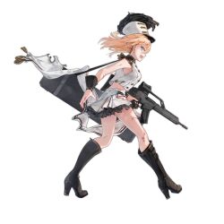 Rule 34 | 1girl, angry, assault rifle, black footwear, black wrist cuffs, blonde hair, blue eyes, boots, braid, breasts, epaulettes, floating hair, french braid, from side, full body, g36 (girls&#039; frontline), g36 (watcher of the light) (girls&#039; frontline), girls&#039; frontline, gun, h&amp;k g36, highres, holding, holding gun, holding weapon, imoko (imonatsuki), knee boots, legs apart, long hair, looking at viewer, looking to the side, marching band, medium breasts, no socks, official alternate costume, official art, open mouth, rifle, scrape, shirt, simple background, skirt, sleeveless, sleeveless shirt, solo, teeth, torn clothes, torn shirt, torn skirt, transparent background, trigger discipline, upper teeth only, weapon, weapon case, white shirt, white skirt, wrist cuffs