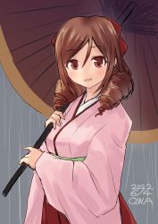 Rule 34 | 1girl, artist name, blue background, bow, brown hair, cowboy shot, dated, drill hair, hair bow, hakama, harukaze (kancolle), highres, japanese clothes, kantai collection, kimono, long hair, looking at viewer, meiji schoolgirl uniform, oil-paper umbrella, one-hour drawing challenge, owa (ishtail), pink kimono, rain, red bow, red eyes, red hakama, red umbrella, solo, twin drills, umbrella