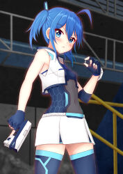 Rule 34 | 1girl, ahoge, bare arms, bare shoulders, blue eyes, blue gloves, blue hair, blue thighhighs, blush, breasts, commentary, commentary request, covered navel, english commentary, fingerless gloves, gloves, gun, hair between eyes, hand up, highres, holding, holding gun, holding weapon, honeycomb (pattern), indoors, open clothes, open vest, original, parted lips, pleated skirt, prophosphere, railing, sidelocks, skirt, small breasts, solo, standing, thighhighs, twintails, vest, weapon, white skirt, white vest