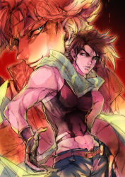 Rule 34 | 2boys, bare shoulders, battle tendency, belt, belt buckle, black gloves, blue eyes, blue pants, brown hair, buckle, caesar anthonio zeppeli, closed mouth, clothing cutout, covered navel, cowboy shot, crop top, feathers, fingerless gloves, gloves, headband, jojo no kimyou na bouken, joseph joestar, joseph joestar (young), looking at viewer, looking away, looking to the side, male focus, midriff, multiple boys, muscular, narrow waist, pants, profile, red background, ribbon, scarf, shaded face, short hair, side cutout, sleeveless, smile, striped clothes, striped scarf, tima, upper body, yellow eyes