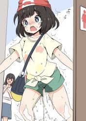 Rule 34 | 2girls, bag, beanie, black eyes, black hair, blue eyes, blue skirt, blush, collarbone, creatures (company), door, embarrassed, female focus, flat chest, floral print, game freak, green shorts, hands up, hat, have to pee, highres, hitsujiomo, japanese text, jpeg artifacts, looking at another, matching hair/eyes, multiple girls, nintendo, nose blush, open mouth, peeing, peeing self, poke ball theme, pokemon, pokemon sm, red headwear, selene (pokemon), shirt, short hair, short shorts, short sleeves, shorts, skirt, solo focus, standing, steam, tears, translated, trembling, wet, wet clothes, white shirt, wide-eyed, yellow shirt