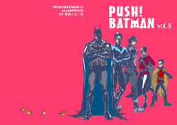 Rule 34 | 5boys, batman, batman (series), belt, bird, boots, brothers, bruce wayne, cape, color background, cowl, crossed arms, damian wayne, dc comics, dick grayson, domino mask, family, father and son, green footwear, jason todd, male focus, mask, multiple boys, nightwing, pink background, red hood (dc), red robin, robin (bird), robin (dc), shoes, siblings, standing, superhero costume, tim drake