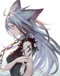 Rule 34 | ahoge, animal ears, arm across waist, backlighting, bare arms, black dress, blue eyes, breasts, chain, collar, dress, expressionless, floating hair, from side, gradient background, half-closed eyes, long hair, looking down, medium breasts, messy hair, mimitoke, original, scar, sidelocks, simple background, solo, torn clothes, upper body, very long hair