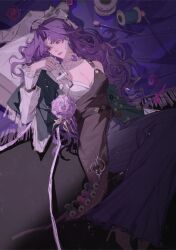 Rule 34 | 1girl, bed, brown overalls, flower, garofano (path to nowhere), highres, lying, off shoulder, on back, on bed, overalls, parted bangs, path to nowhere, purple hair