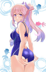 Rule 34 | 1girl, absurdres, adjusting clothes, adjusting swimsuit, ass, back cutout, blue one-piece swimsuit, breasts, clothes pull, clothing cutout, competition swimsuit, cowboy shot, from behind, genshin impact, gradient hair, hair ornament, highres, long hair, looking at viewer, looking back, medium breasts, multicolored hair, one-piece swimsuit, one-piece swimsuit pull, parted lips, pink hair, ponytail, purple eyes, purple hair, sangonomiya kokomi, school swimsuit, shaa, sideboob, simple background, solo, swimsuit