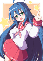 Rule 34 | 1girl, :d, ahoge, blue hair, blush, commentary request, cowboy shot, green eyes, hair between eyes, hand on own hip, highres, izumi konata, kinzoku2, long hair, long sleeves, looking at viewer, lucky star, midriff peek, mole, mole under eye, multiple girls, open mouth, red sailor collar, red skirt, ryouou school uniform, sailor collar, school uniform, serafuku, skirt, smile, solo, star (symbol), very long hair