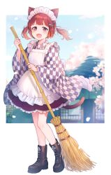 Rule 34 | 1girl, :d, animal ears, apron, architecture, bamboo broom, boots, broom, brown eyes, brown hair, cat ears, cat tail, e (eokiba), east asian architecture, fish hair ornament, floating hair, flower, frilled skirt, frills, full body, hair ornament, hair ribbon, hairclip, highres, holding, holding broom, japanese clothes, kimono, looking at viewer, maid, maid apron, maid headdress, open mouth, original, outdoors, petals, pleated skirt, ribbon, skirt, smile, solo, standing, tail, twintails, wa maid, wide sleeves, yagasuri
