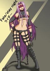 Rule 34 | 1girl, :p, alternate costume, bare shoulders, belt, blindfold, boots, breasts, chain, choker, contrapposto, crop top, detached sleeves, facial mark, fate/stay night, fate (series), fingerless gloves, forehead mark, gloves, highres, large breasts, leather, long hair, magellan (urumi0107), medusa (fate), medusa (rider) (fate), midriff, navel, purple hair, solo, standing, tongue, tongue out, underboob, very long hair, weapon