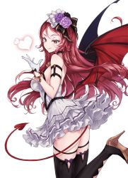 Rule 34 | 1girl, bare shoulders, bat wings, black bow, black thighhighs, bow, breasts, epis, flower, gloves, heart, heart tail, high heels, king&#039;s raid, large breasts, long hair, mieux0 0, red eyes, red hair, simple background, smile, solo, tail, thighhighs, white background, wings