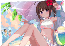 Rule 34 | &gt; &lt;, 3girls, :d, > <, ^ ^, arm up, bare shoulders, bikini, blue sky, blurry, blurry foreground, breasts, brown hair, casual one-piece swimsuit, cherry, closed eyes, cloud, day, depth of field, drill hair, drink, unworn eyewear, feet out of frame, flower, food, fruit, grin, hair flower, hair ornament, hairclip, heart, heart-shaped eyewear, highres, holding, holding removed eyewear, idolmaster, idolmaster million live!, jacket, kitakami reika, knees together feet apart, knees up, looking at viewer, multiple girls, navel, nonohara akane, off shoulder, one-piece swimsuit, open clothes, open jacket, open mouth, palm tree, pink one-piece swimsuit, purple eyes, purple jacket, red flower, side drill, side ponytail, sitting, sky, small breasts, smile, solo focus, splashing, sunglasses, swimsuit, tree, uzura (bonnet225), water, white-framed eyewear, white bikini, xd, yellow bikini, yokoyama nao