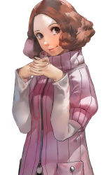 Rule 34 | 1girl, blazpu, brown eyes, brown hair, fingers together, fluffy, own hands clasped, high collar, highres, long sleeves, looking at viewer, okumura haru, own hands together, persona, persona 5, persona 5 the animation, persona 5 the royal, pink sweater, smile, sweater, white background, zipper
