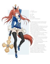 Rule 34 | 1girl, animal ears, black gloves, black panties, black thighhighs, blue eyes, character name, character sheet, elin, english text, fox ears, fox tail, full body, gloves, holding, holding staff, long sleeves, looking at viewer, nipuni, original, panties, priest (tera online), simple background, solo, staff, standing, tail, tera online, thighhighs, twintails, underwear, white background