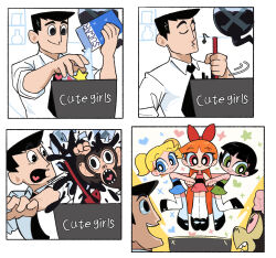 Rule 34 | 2boys, 3girls, black footwear, black hair, blonde hair, blossom (ppg), blue dress, blue eyes, bow, box, bubbles (ppg), buttercup (ppg), collared shirt, commentary, dress, english commentary, english text, exposed brain, green dress, green eyes, hair bow, heart, highres, holding, holding box, indoors, kim crab, long hair, mojo jojo, monkey, multiple boys, multiple girls, musical note, necktie, powerpuff girls, professor utonium, red dress, red eyes, red hair, sharp teeth, shirt, short hair, siblings, sisters, sleeves rolled up, smile, sparkle, splashing, star (symbol), stirring, sugar (food), teeth, thighhighs, twintails, very long hair, whistling, white shirt
