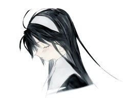 Rule 34 | 1girl, bad id, bad pixiv id, black hair, closed eyes, closed mouth, ears visible through hair, female focus, from side, hairband, long hair, original, ozyako, portrait, simple background, solo, swept bangs, upper body, white background, white hairband