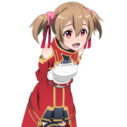 Rule 34 | 10s, 1girl, armor, black skirt, black thighhighs, breastplate, brown hair, hair ornament, hair ribbon, leaning forward, looking at viewer, open mouth, pleated skirt, red eyes, red ribbon, ribbon, short hair, short twintails, silica, simple background, skirt, solo, spiceg, sword art online, thighhighs, twintails, white background