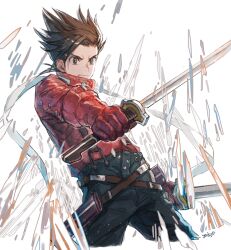 Rule 34 | 1boy, angry, belt, black pants, brown belt, brown eyes, brown hair, commentary, cowboy shot, cropped legs, dated, dual wielding, gloves, grimace, holding, holding sword, holding weapon, lloyd irving, looking to the side, male focus, multiple belts, oisyox72, pants, red gloves, red shirt, sheath, shirt, simple background, solo, spiked hair, suspenders, sword, tales of (series), tales of symphonia, weapon, white background