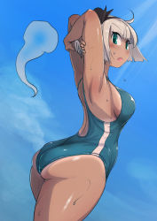 Rule 34 | 1girl, ahoge, alternate costume, armpits, arms behind head, ass, back, back cutout, bare shoulders, black bow, black hairband, blush, bob cut, bow, breasts, clothing cutout, commentary request, dark-skinned female, dark skin, enajii, ghost, green one-piece swimsuit, hair bow, hairband, highres, hitodama, konpaku youmu, konpaku youmu (ghost), looking at viewer, medium breasts, one-piece swimsuit, open mouth, short hair, shoulder blades, sideboob, silver hair, simple background, solo, standing, sweatdrop, swimsuit, tan, thighs, touhou, white background