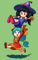 Rule 34 | 2girls, absurdres, artist name, ascot, ashley (warioware), black hair, blue dress, blue hair, carrying, carrying person, cosplay, costume switch, dress, hat, highres, minuspal, multiple girls, nintendo, orange headwear, picking up, pointy footwear, ponytail, purple eyes, red eyes, running, sarissa, skull, staff, twintails, wario&#039;s woods, warioware, witch hat