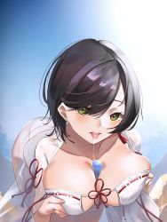 Rule 34 | 1girl, absurdres, azur lane, between breasts, black hair, breast lift, breasts, cleavage, dead or alive, dead or alive xtreme, frilled hakama, green eyes, highres, japanese clothes, ka11 ca, large breasts, leaning forward, looking at viewer, nagisa (doa), nontraditional miko, saliva, saliva trail, see-through, sexually suggestive, short hair, solo, tongue, tongue out
