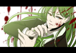 Rule 34 | 1boy, black jacket, blood, blood on face, brown eyes, collared shirt, commentary request, eyebrow cut, green hair, green nails, green necktie, highres, jacket, lobotomy corporation, long hair, long sleeves, male focus, necktie, netzach (project moon), open mouth, project moon, sakuya 996, shirt, solo, white shirt