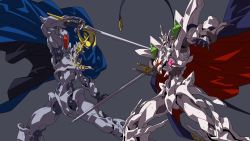 Rule 34 | babamba, cape, escaflowne, fantasy, floating cape, grey background, highres, holding, holding sword, holding weapon, korean commentary, mecha, no humans, open hand, robot, scherazade, sword, tenkuu no escaflowne, unfinished, v-fin, weapon