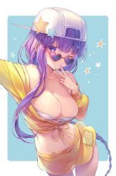 Rule 34 | 1girl, asymmetrical hair, backwards hat, bad id, bad twitter id, bandeau, bare shoulders, baseball cap, bb (fate), bb (fate) (all), bb (swimsuit mooncancer) (fate), bb (swimsuit mooncancer) (first ascension) (fate), blue background, blush, border, braid, breasts, cleavage, collarbone, fate/grand order, fate (series), fingers to chin, hand on own chin, hat, hat ornament, heart, heart-shaped eyewear, highres, jacket, large breasts, long hair, looking at viewer, looking over eyewear, looking over glasses, navel, off shoulder, one eye closed, open mouth, outstretched arm, purple-tinted eyewear, purple-tinted glasses, purple eyes, purple hair, selfie, single braid, skirt, solo, star (symbol), star hat ornament, sunglasses, thighs, tinted eyewear, very long hair, vivi (eve no hakoniwa), white border, white hat, yellow jacket, yellow skirt